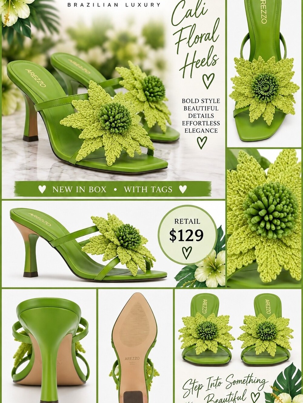 Arezzo Cali Floral Heels — Lime Green Women's Sandals NIB